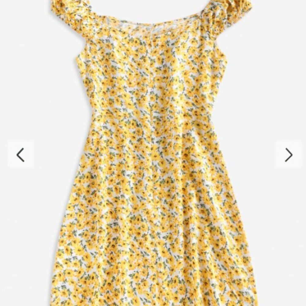 Off Shoulder Ditsy Yellow Floral Print Sleeveless Mini Dress